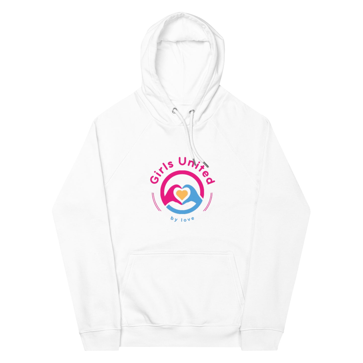 Girls United By Love logo Unisex eco raglan hoodie